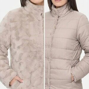NWT Nicole Miller Reversible Faux Fur Puffer Jacket Tan Size Small